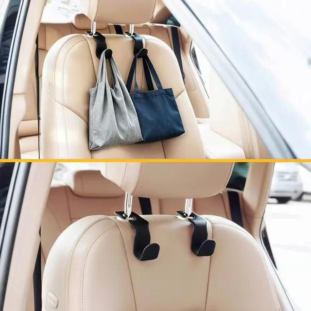 Alt view image 7 of 7 - Headrest Hooks for Purses and Bags, 2 Pack Car Seat Hooks for Grocery Bag Handbag, Metal Car Purse Holder Covered by Leather, Black
