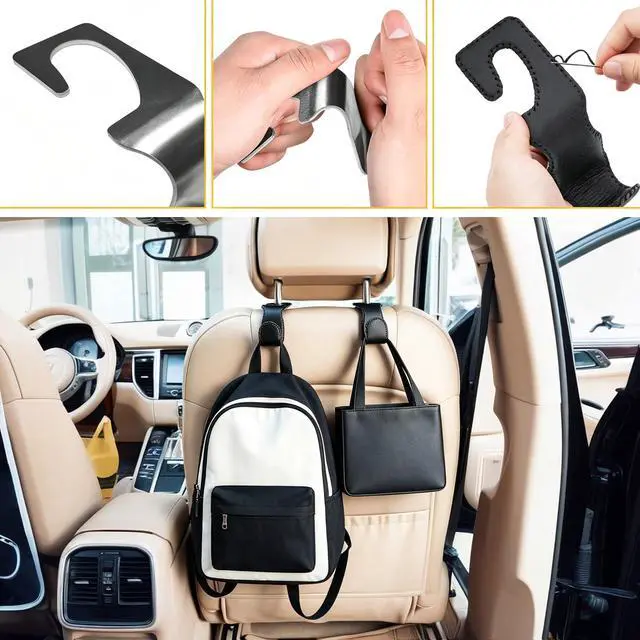 Alt view image 5 of 7 - Headrest Hooks for Purses and Bags, 2 Pack Car Seat Hooks for Grocery Bag Handbag, Metal Car Purse Holder Covered by Leather, Black