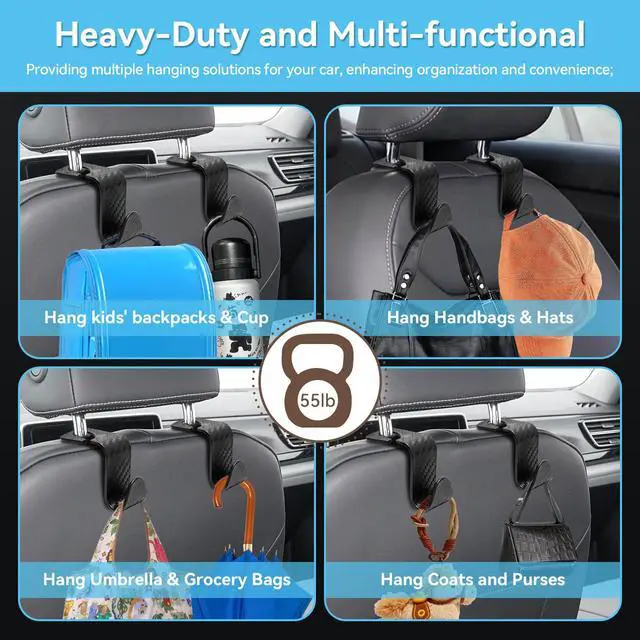 Alt view image 3 of 7 - Car Seat Hooks Vehicle Headrest Back Storage Organizer 4 Pack for Purses Bags backpacks Groceries Hanger Holder - Universal Sturdy Holds 55lbs 360° Rotating (Style A/Carbon Fiber)