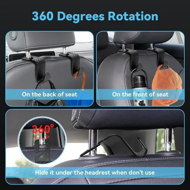 Alt view image 4 of 7 - Car Seat Hooks Vehicle Headrest Back Storage Organizer 4 Pack for Purses Bags backpacks Groceries Hanger Holder - Universal Sturdy Holds 55lbs 360° Rotating (Style A/Carbon Fiber)