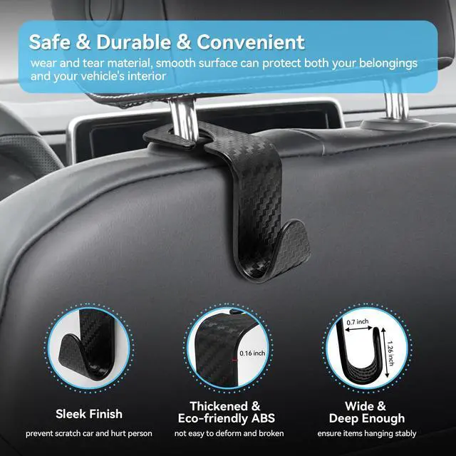 Alt view image 5 of 7 - Car Seat Hooks Vehicle Headrest Back Storage Organizer 4 Pack for Purses Bags backpacks Groceries Hanger Holder - Universal Sturdy Holds 55lbs 360° Rotating (Style A/Carbon Fiber)