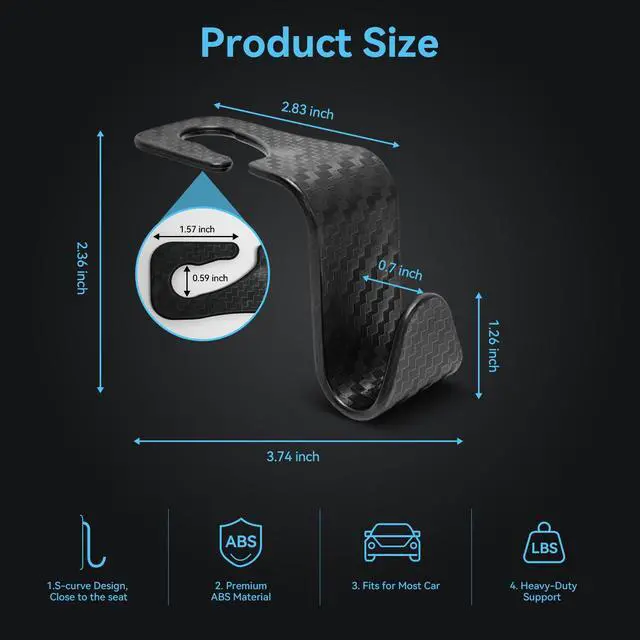 Alt view image 7 of 7 - Car Seat Hooks Vehicle Headrest Back Storage Organizer 4 Pack for Purses Bags backpacks Groceries Hanger Holder - Universal Sturdy Holds 55lbs 360° Rotating (Style A/Carbon Fiber)
