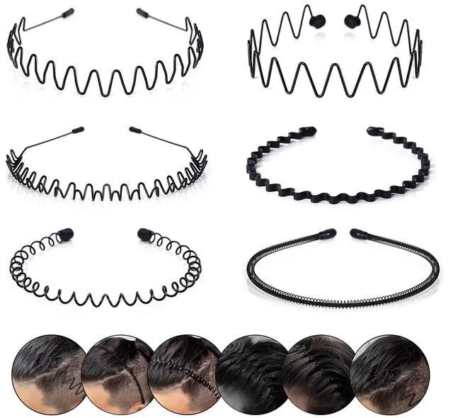 Main image of CAMKONG 6PCS Metal Hair Band for Men Headbands Women Wavy Hairband Spring Hair Hoop Sports Fashion Hair Bands Unisex Black Elastic Non Slip Simple Headwear Accessories