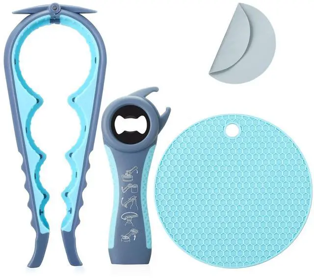 Main image of Jar Bottle Opener for Weak Hands,4 &5 in 1 Multi Function Non-Slip Can Lid Opener Tools with Silicone Jar Gripper Pad,Suitable for Seniors,Children and Arthritic Hands (Light Blue)