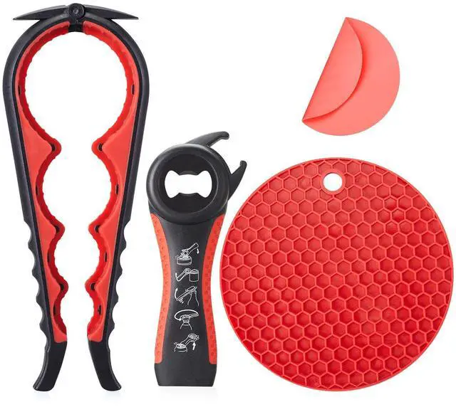 Main image of Jar Bottle Opener for Weak Hands,4 &5 in 1 Multi Function Non-Slip Can Lid Opener Tools with Silicone Jar Gripper Pad,Suitable for Seniors,Children and Arthritic Hands (Red)