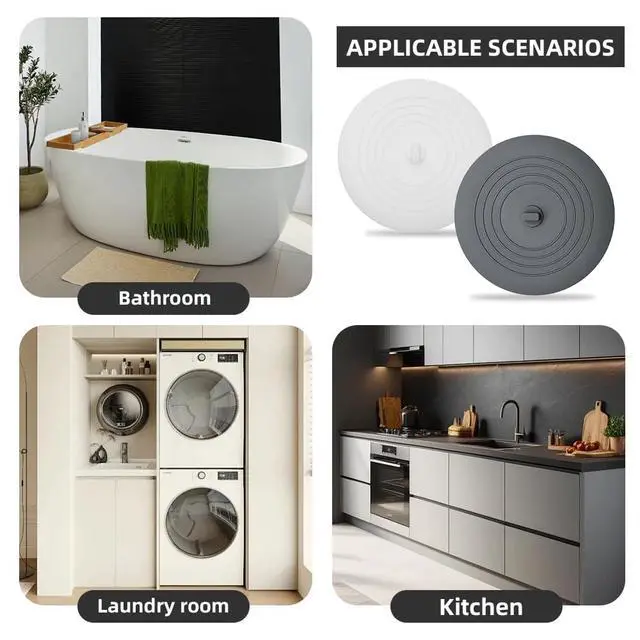 Alt view image 7 of 7 - Tub Stopper 2PCS,Bathtub Drain Stopper,6 inches Bathtub Tub Drain Cover Stopper,Silicone Drain Plug,Kitchen Bathroom Hair Water Shower Stopper,Large Bathroom Laundry Accessories (Grey/White)