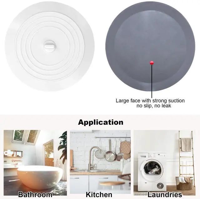 Alt view image 2 of 7 - Bathtub Drain Stopper 2 Pack, 5 inches Silicone Tub Stopper Shower Drain Cover, Bath Tub Plug Hair Stopper,Universal Flat Suction Renter Friendly Bath Accessories (White&Grey, 5 inch)