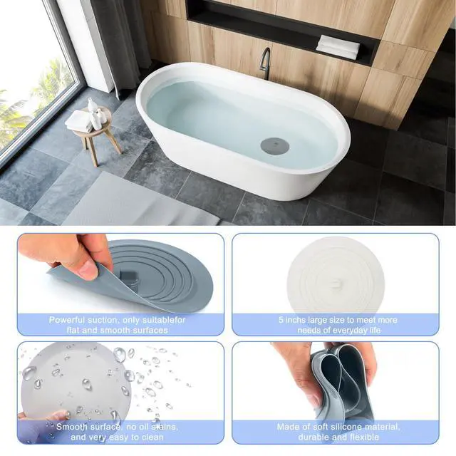 Alt view image 4 of 7 - Bathtub Drain Stopper 2 Pack, 5 inches Silicone Tub Stopper Shower Drain Cover, Bath Tub Plug Hair Stopper,Universal Flat Suction Renter Friendly Bath Accessories (White&Grey, 5 inch)