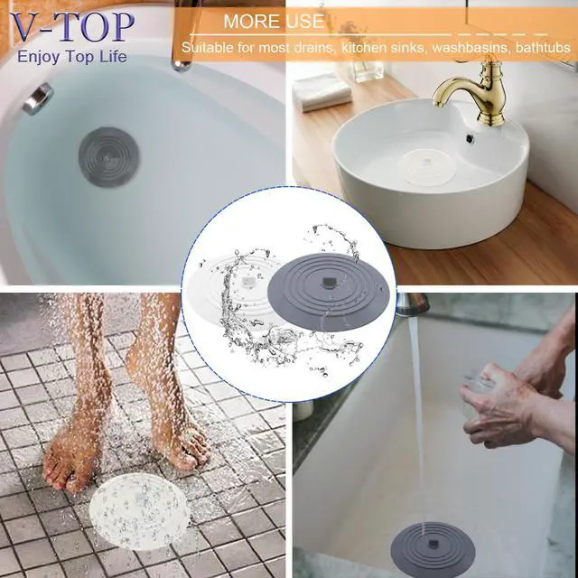 Alt view image 7 of 7 - Bathtub Drain Stopper 2 Pack, 5 inches Silicone Tub Stopper Shower Drain Cover, Bath Tub Plug Hair Stopper,Universal Flat Suction Renter Friendly Bath Accessories (White&Grey, 5 inch)