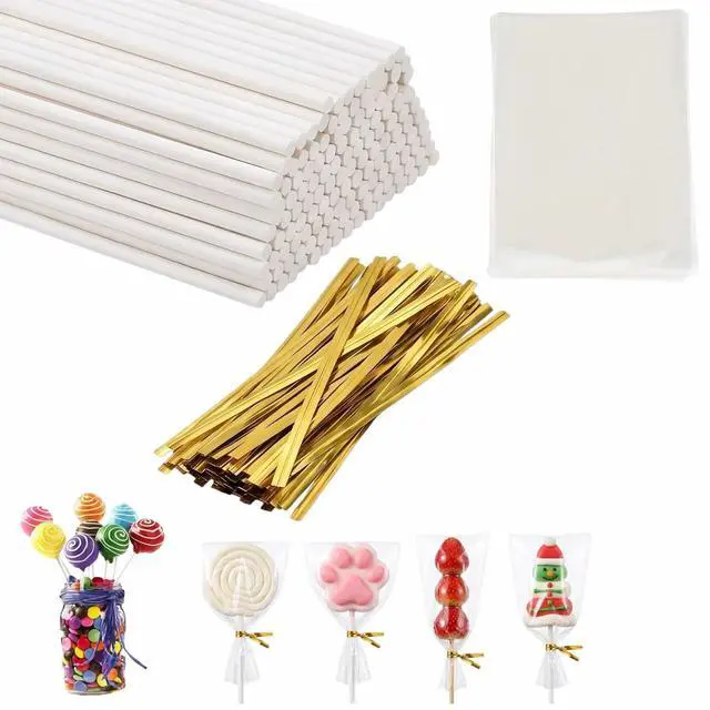 Main image of 300Pcs Cake Pop Sticks & Wraps Kit 3" Food-Grade Paper Sticks, Clear Candy Bags, Gold Twist Ties for Lollipops, Chocolates, Hard Candy Sturdy & Leakproof