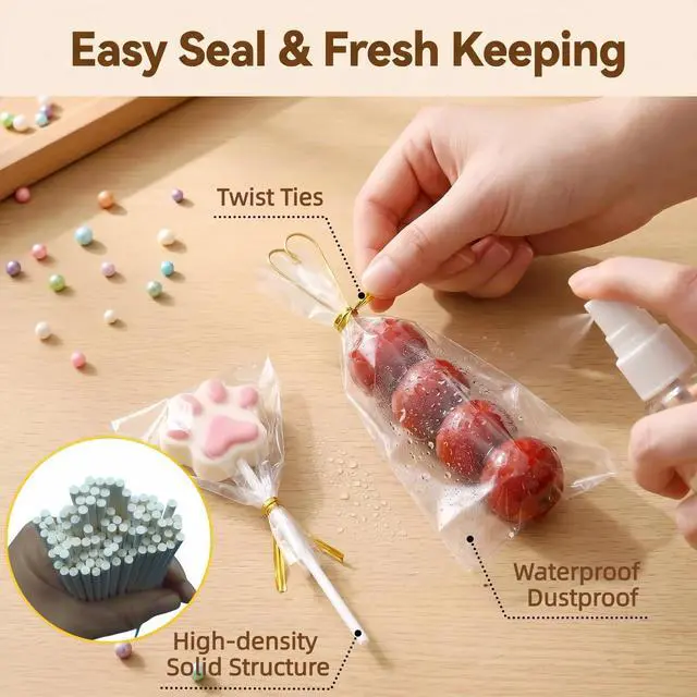 Alt view image 2 of 7 - 300Pcs Cake Pop Sticks & Wraps Kit 3" Food-Grade Paper Sticks, Clear Candy Bags, Gold Twist Ties for Lollipops, Chocolates, Hard Candy Sturdy & Leakproof