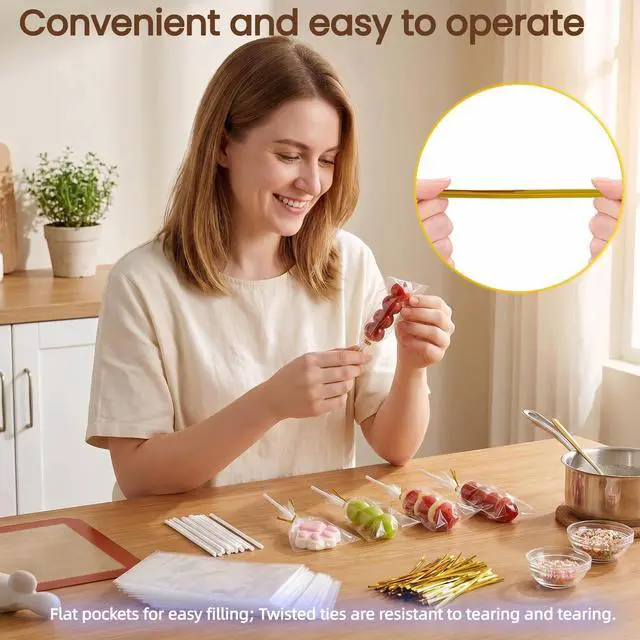 Alt view image 4 of 7 - 300Pcs Cake Pop Sticks & Wraps Kit 3" Food-Grade Paper Sticks, Clear Candy Bags, Gold Twist Ties for Lollipops, Chocolates, Hard Candy Sturdy & Leakproof
