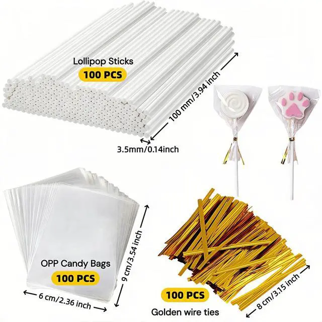 Alt view image 5 of 7 - 300Pcs Cake Pop Sticks & Wraps Kit 3" Food-Grade Paper Sticks, Clear Candy Bags, Gold Twist Ties for Lollipops, Chocolates, Hard Candy Sturdy & Leakproof