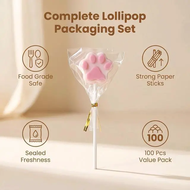 Alt view image 7 of 7 - 300Pcs Cake Pop Sticks & Wraps Kit 3" Food-Grade Paper Sticks, Clear Candy Bags, Gold Twist Ties for Lollipops, Chocolates, Hard Candy Sturdy & Leakproof