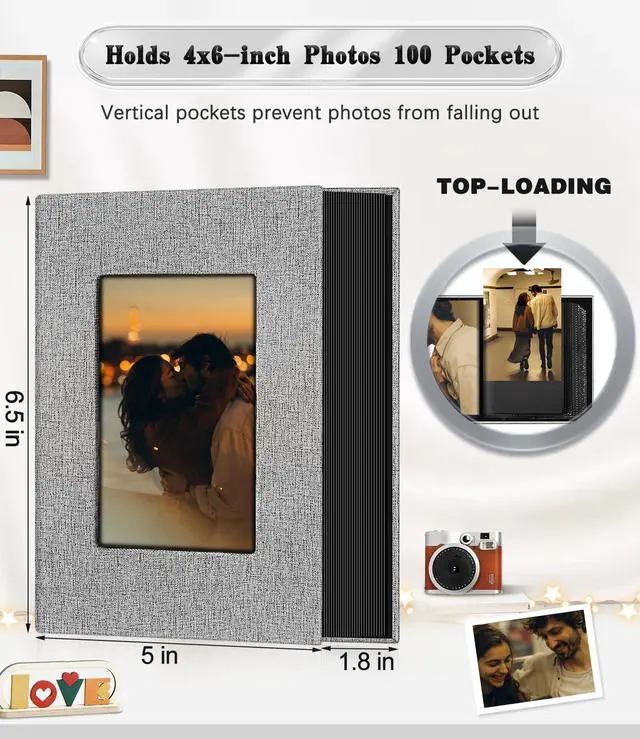 Alt view image 3 of 6 - Photo Album 4x6,Linen Cover Slide-in Photo Album Book Can Holds 100 4x6 Photos with 50 Black Sheets for Family,Wedding,Baby and Holiday Pictures (Gray)