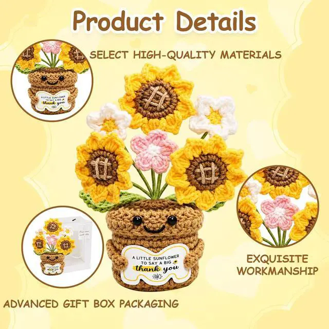 Alt view image 3 of 7 - Crochet Flowers, Teacher Appreciation Gifts, 2 PCS Crochet Gifts Set with Crochet Sunflower and Bag, Emotional Support Crochet for Teacher Coworker Nurse Doctor Friend Mom Graduation End of Year