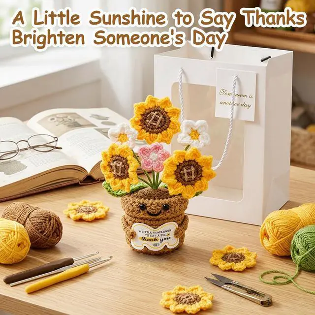 Alt view image 4 of 7 - Crochet Flowers, Teacher Appreciation Gifts, 2 PCS Crochet Gifts Set with Crochet Sunflower and Bag, Emotional Support Crochet for Teacher Coworker Nurse Doctor Friend Mom Graduation End of Year