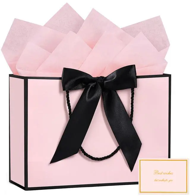 Main image of Pink Gift Bags with Handles, 13" Medium Gift Bags with Tissue Paper | 1 Pcs Pink Black Bag, 2 Tissue Paper and 1 Card, for Baby Shower, Wedding Bridal Shower, Birthday Party