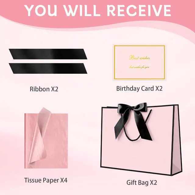 Alt view image 2 of 7 - Pink Gift Bags with Handles, 13" Medium Gift Bags with Tissue Paper | 1 Pcs Pink Black Bag, 2 Tissue Paper and 1 Card, for Baby Shower, Wedding Bridal Shower, Birthday Party