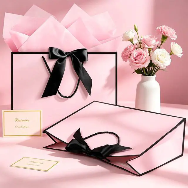 Alt view image 3 of 7 - Pink Gift Bags with Handles, 13" Medium Gift Bags with Tissue Paper | 1 Pcs Pink Black Bag, 2 Tissue Paper and 1 Card, for Baby Shower, Wedding Bridal Shower, Birthday Party