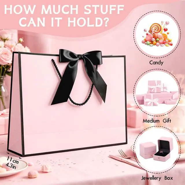Alt view image 5 of 7 - Pink Gift Bags with Handles, 13" Medium Gift Bags with Tissue Paper | 1 Pcs Pink Black Bag, 2 Tissue Paper and 1 Card, for Baby Shower, Wedding Bridal Shower, Birthday Party