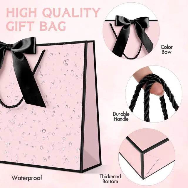 Alt view image 6 of 7 - Pink Gift Bags with Handles, 13" Medium Gift Bags with Tissue Paper | 1 Pcs Pink Black Bag, 2 Tissue Paper and 1 Card, for Baby Shower, Wedding Bridal Shower, Birthday Party