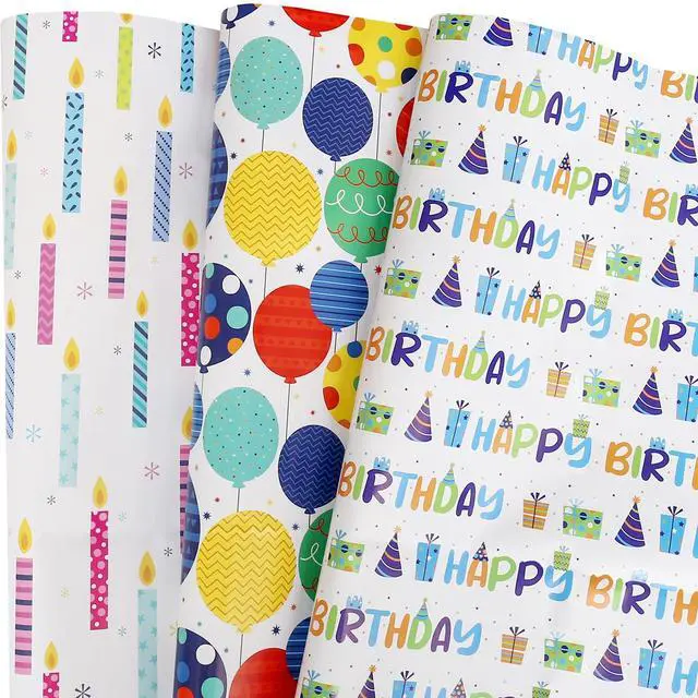 Main image of Birthday Wrapping Paper for Boys Girls Kids Men Women Holiday Party - 3 Large Sheets Colorful Balloon 'Happy Birthday' Candles Gift Wrap - 27 Inch X 39.4 Inch Per Sheet