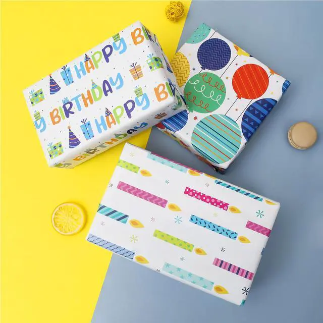 Alt view image 4 of 7 - Birthday Wrapping Paper for Boys Girls Kids Men Women Holiday Party - 3 Large Sheets Colorful Balloon 'Happy Birthday' Candles Gift Wrap - 27 Inch X 39.4 Inch Per Sheet