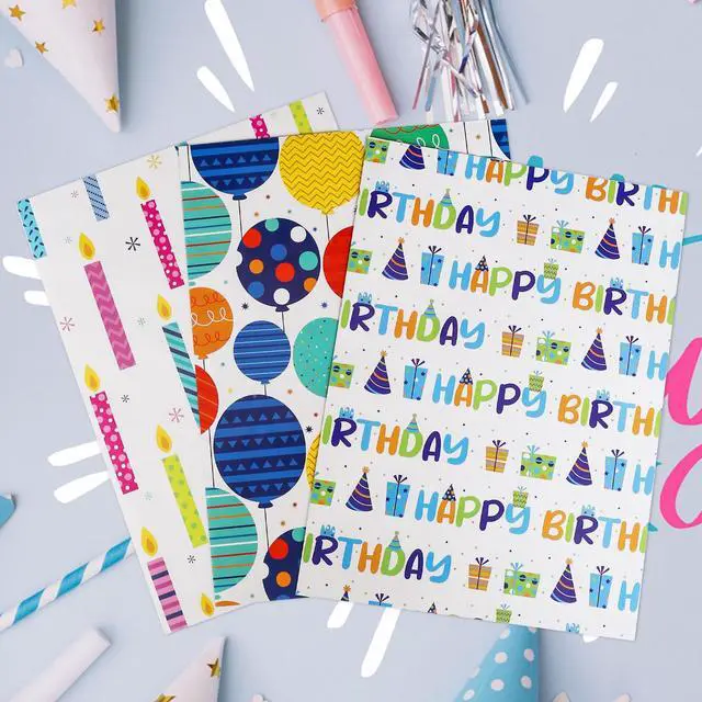 Alt view image 3 of 7 - Birthday Wrapping Paper for Boys Girls Kids Men Women Holiday Party - 3 Large Sheets Colorful Balloon 'Happy Birthday' Candles Gift Wrap - 27 Inch X 39.4 Inch Per Sheet