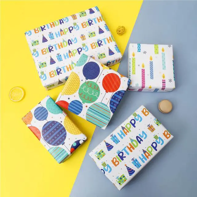Alt view image 6 of 7 - Birthday Wrapping Paper for Boys Girls Kids Men Women Holiday Party - 3 Large Sheets Colorful Balloon 'Happy Birthday' Candles Gift Wrap - 27 Inch X 39.4 Inch Per Sheet