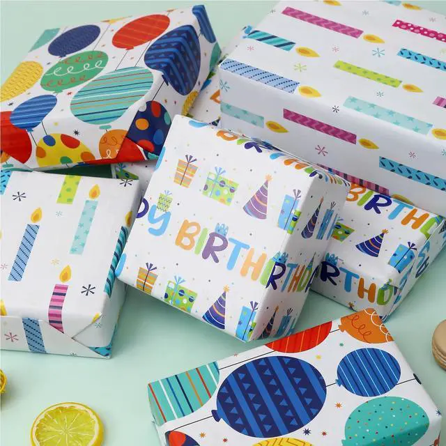 Alt view image 7 of 7 - Birthday Wrapping Paper for Boys Girls Kids Men Women Holiday Party - 3 Large Sheets Colorful Balloon 'Happy Birthday' Candles Gift Wrap - 27 Inch X 39.4 Inch Per Sheet
