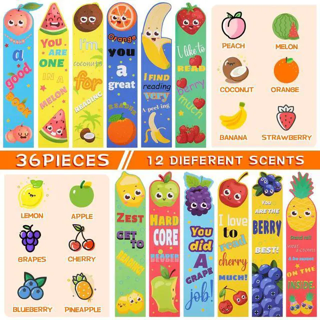 Alt view image 3 of 7 - 36 Pcs Scented Bookmarks for Kids Fruit Scratch Sniff Bookmarks | Summer Smelly Bookmark for Classroom Back to School Reading Prizes Cute Students Rewards 12 Styles
