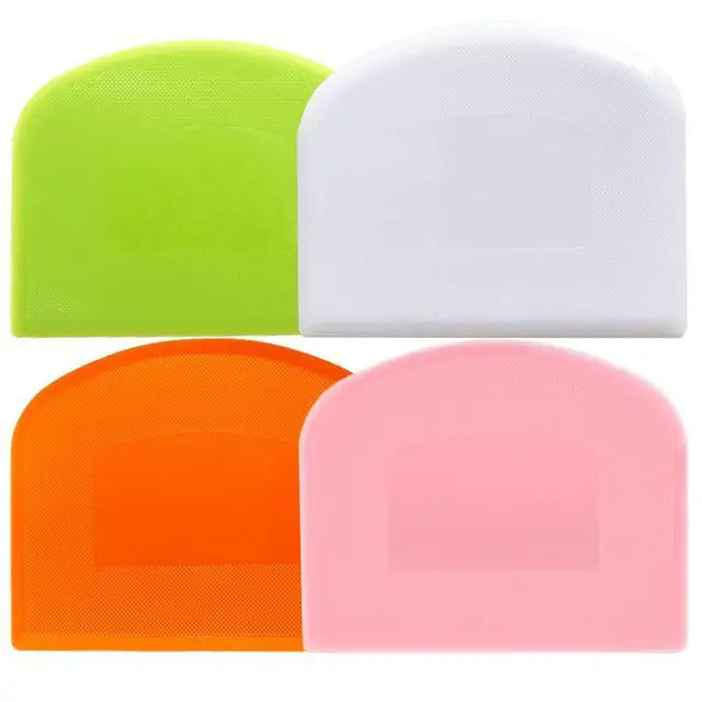 Main image of Dough Scraper Bench Scraper for Baking, 4 PCs BPA Free PE Plastic Flexible Bowl Scraper, Food-safe Plastic Dough Cutter for Bread Cake Dough Fondant Icing (White, Green, Orange, Pink)