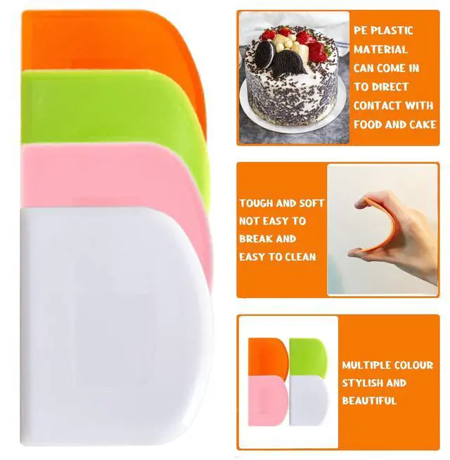 Alt view image 4 of 7 - Dough Scraper Bench Scraper for Baking, 4 PCs BPA Free PE Plastic Flexible Bowl Scraper, Food-safe Plastic Dough Cutter for Bread Cake Dough Fondant Icing (White, Green, Orange, Pink)