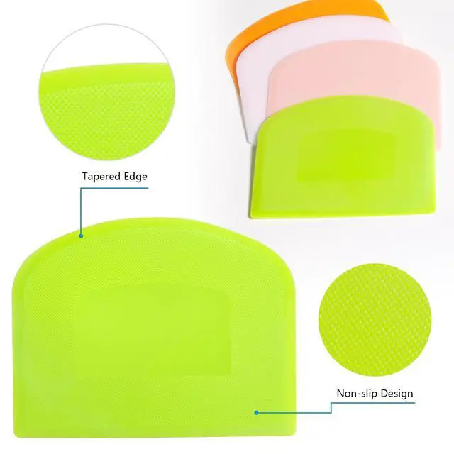 Alt view image 2 of 7 - Dough Scraper Bench Scraper for Baking, 4 PCs BPA Free PE Plastic Flexible Bowl Scraper, Food-safe Plastic Dough Cutter for Bread Cake Dough Fondant Icing (White, Green, Orange, Pink)