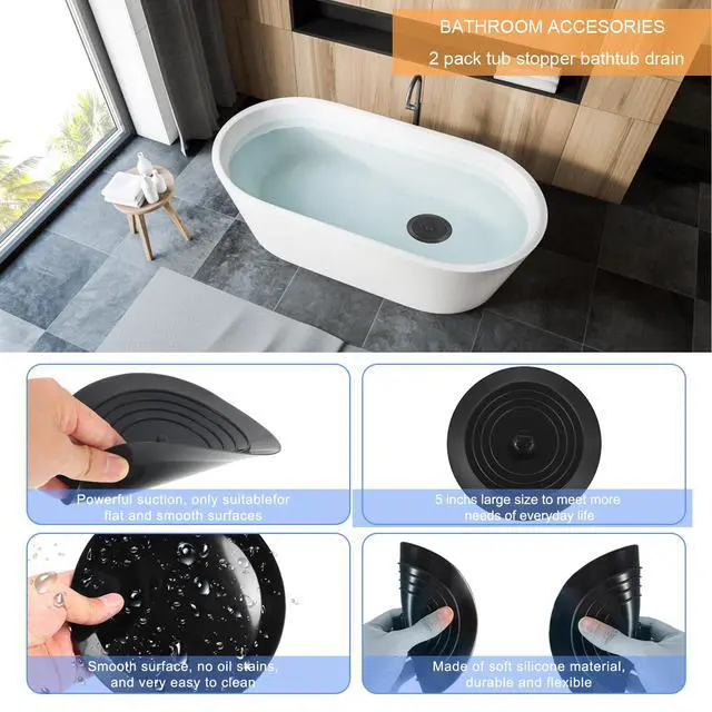 Alt view image 4 of 7 - Bathtub Drain Stopper 2 Pack, 5 inches Silicone Tub Stopper Shower Drain Cover, Bath Tub Plug Hair Stopper,Universal Flat Suction Renter Friendly Bath Accessories