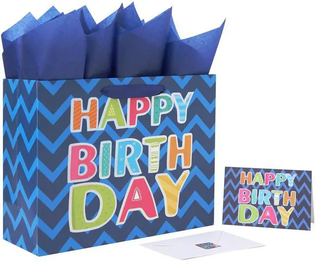 Main image of 13" Large Blue Gift Bag Set with Greeting Card and White Tissue Papers (Laser Foil 'Happy Birthday') for Men's Birthday Party, Boys' or Kids' Parties, Baby Boy - 13x5.2x10.2, 1 Pcs.