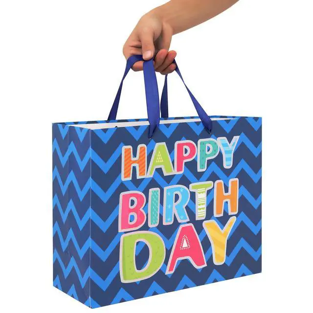 Alt view image 6 of 6 - 13" Large Blue Gift Bag Set with Greeting Card and White Tissue Papers (Laser Foil 'Happy Birthday') for Men's Birthday Party, Boys' or Kids' Parties, Baby Boy - 13x5.2x10.2, 1 Pcs.