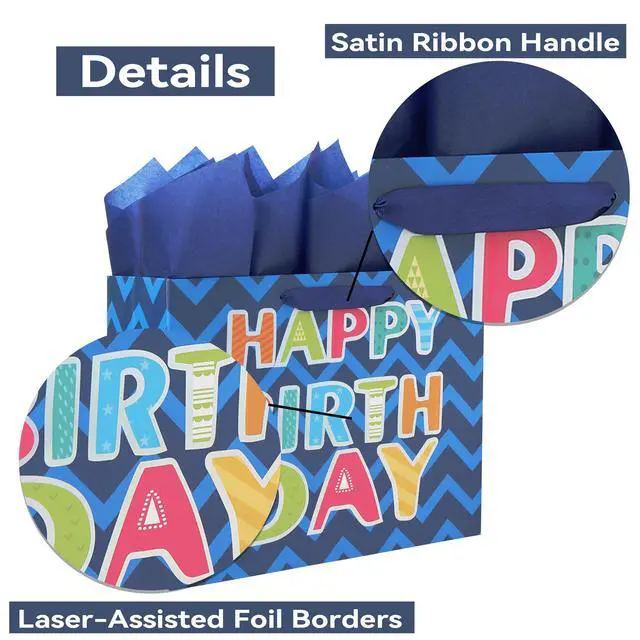 Alt view image 4 of 6 - 13" Large Blue Gift Bag Set with Greeting Card and White Tissue Papers (Laser Foil 'Happy Birthday') for Men's Birthday Party, Boys' or Kids' Parties, Baby Boy - 13x5.2x10.2, 1 Pcs.