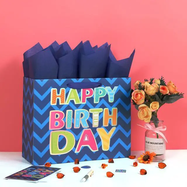 Alt view image 5 of 6 - 13" Large Blue Gift Bag Set with Greeting Card and White Tissue Papers (Laser Foil 'Happy Birthday') for Men's Birthday Party, Boys' or Kids' Parties, Baby Boy - 13x5.2x10.2, 1 Pcs.