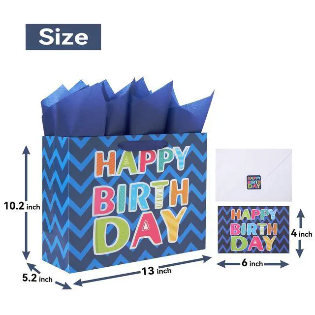 Alt view image 2 of 6 - 13" Large Blue Gift Bag Set with Greeting Card and White Tissue Papers (Laser Foil 'Happy Birthday') for Men's Birthday Party, Boys' or Kids' Parties, Baby Boy - 13x5.2x10.2, 1 Pcs.