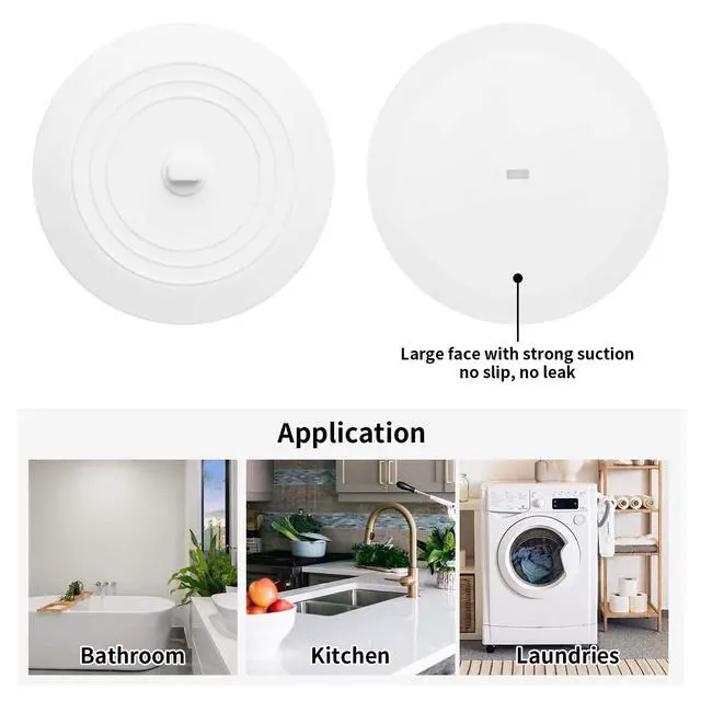 Alt view image 2 of 7 - 2PCS 5" Universal Silicone Bathtub Drain Stopper with Suction Seal | White, Leak Proof, Hair Trapping, Universal Fit, For Tub Sink Laundry Drain, Bathroom Kitchen Use, Easy Clean