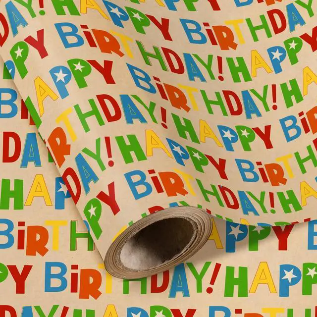 Main image of Kraft Birthday Wrapping Paper Roll - Mini Roll - 17 Inch x 9.8 Feet - Colorful Happy Bday Lettering Wrapping Paper Perfect for Birthday, Party, Baby Shower