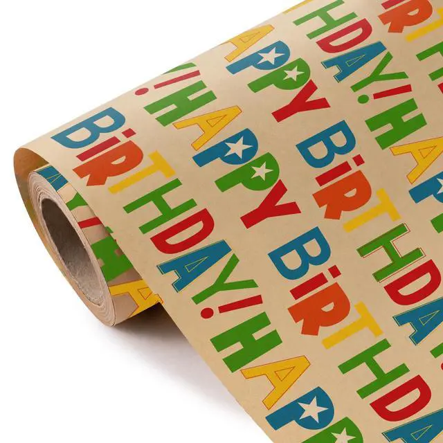Alt view image 2 of 7 - Kraft Birthday Wrapping Paper Roll - Mini Roll - 17 Inch x 9.8 Feet - Colorful Happy Bday Lettering Wrapping Paper Perfect for Birthday, Party, Baby Shower