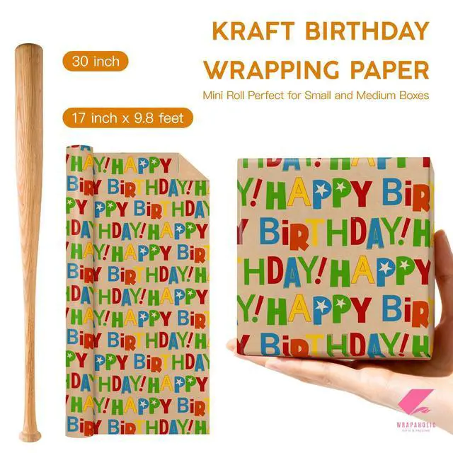 Alt view image 3 of 7 - Kraft Birthday Wrapping Paper Roll - Mini Roll - 17 Inch x 9.8 Feet - Colorful Happy Bday Lettering Wrapping Paper Perfect for Birthday, Party, Baby Shower