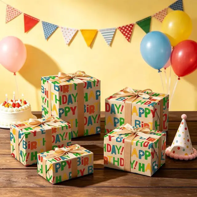 Alt view image 4 of 7 - Kraft Birthday Wrapping Paper Roll - Mini Roll - 17 Inch x 9.8 Feet - Colorful Happy Bday Lettering Wrapping Paper Perfect for Birthday, Party, Baby Shower