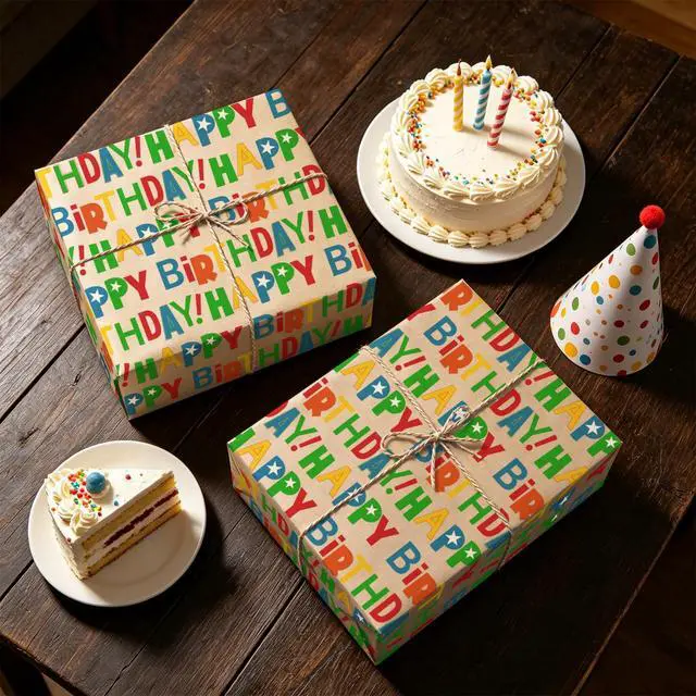 Alt view image 7 of 7 - Kraft Birthday Wrapping Paper Roll - Mini Roll - 17 Inch x 9.8 Feet - Colorful Happy Bday Lettering Wrapping Paper Perfect for Birthday, Party, Baby Shower