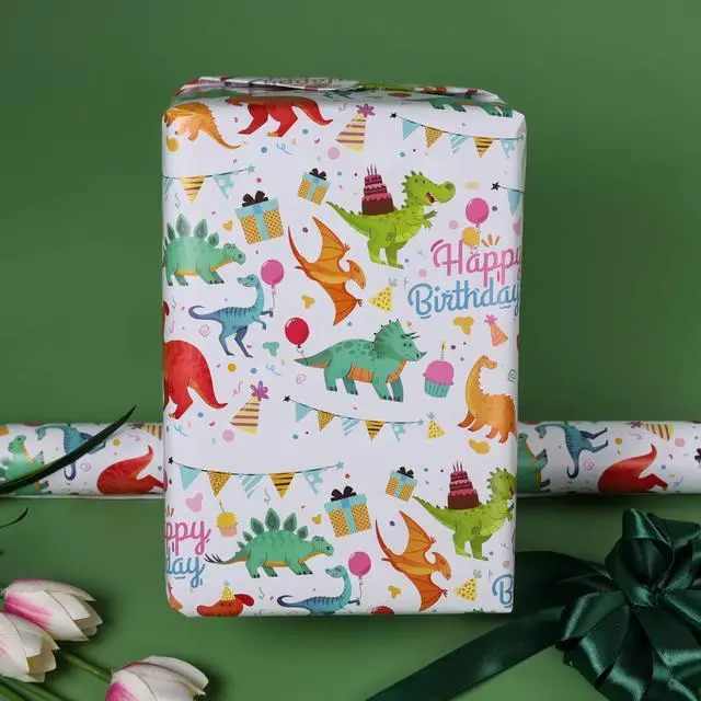 Alt view image 3 of 7 - Gift Wrapping Paper Roll,Cute Dinosaurs Happy Birthday Wrapping Paper for Boys,Wrapping Paper Rolls Gift Wrap Paper Dinosaur Parties,Baby Showers,Happy Bday Wrap,17 inch X 120 inch Per Roll