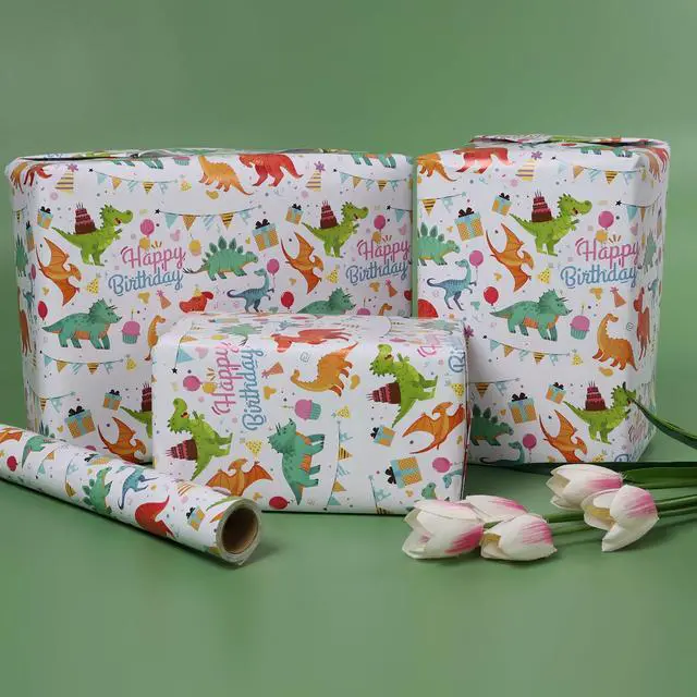 Alt view image 4 of 7 - Gift Wrapping Paper Roll,Cute Dinosaurs Happy Birthday Wrapping Paper for Boys,Wrapping Paper Rolls Gift Wrap Paper Dinosaur Parties,Baby Showers,Happy Bday Wrap,17 inch X 120 inch Per Roll
