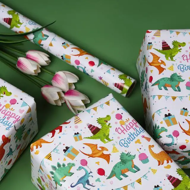 Alt view image 5 of 7 - Gift Wrapping Paper Roll,Cute Dinosaurs Happy Birthday Wrapping Paper for Boys,Wrapping Paper Rolls Gift Wrap Paper Dinosaur Parties,Baby Showers,Happy Bday Wrap,17 inch X 120 inch Per Roll
